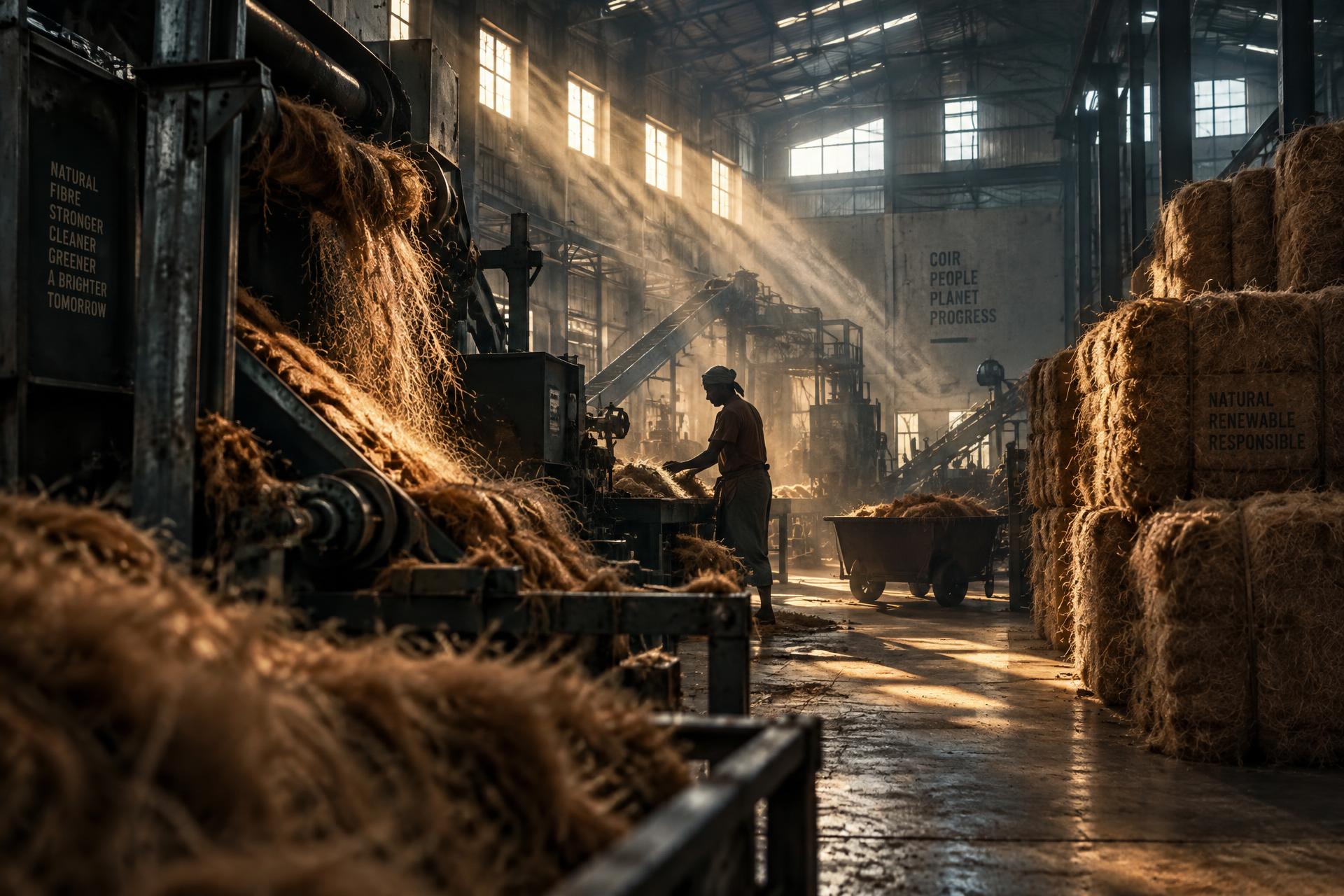 Coir production specialist inspecting fibre on the manufacturing line