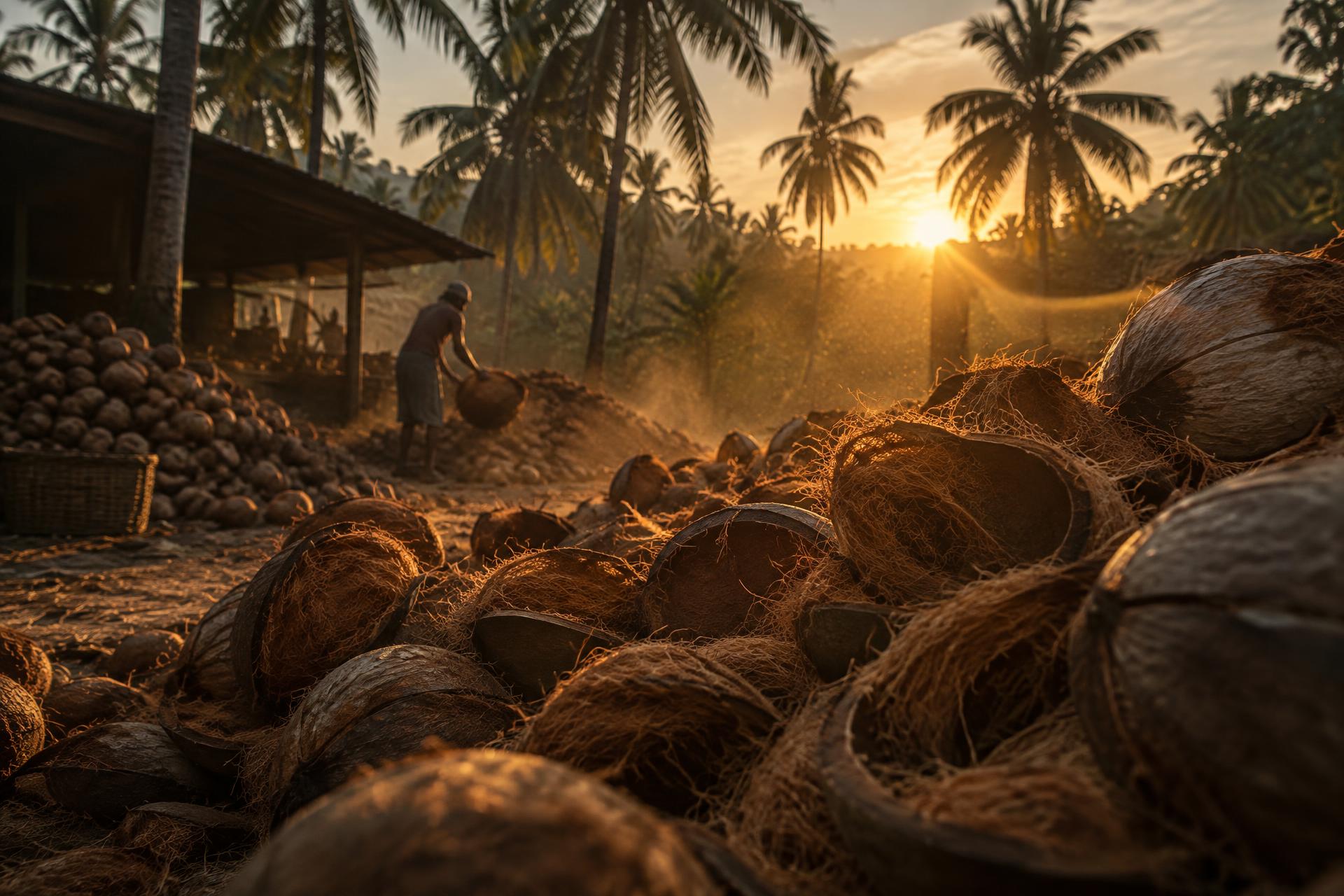 Coir worker carrying coconut husks at a processing yard