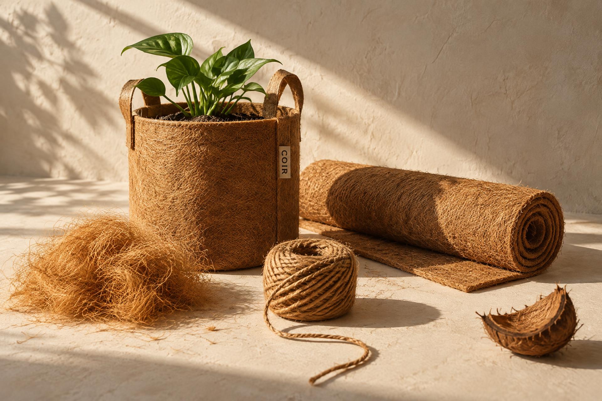 A collection of coir fibre, grow media, mats and twine